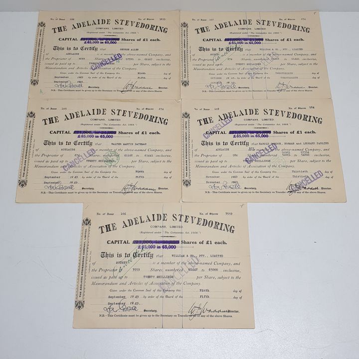 Adelaide Stevedoring Co Share Certs (x5)