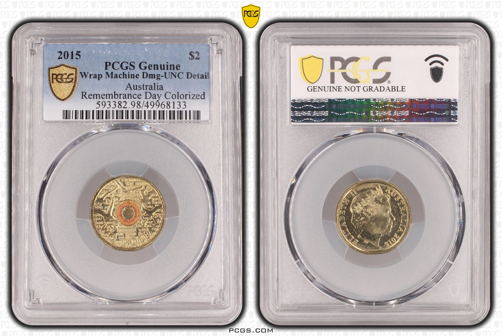 Remembrance Day Colorized - In Flanders Fields, Two Dollar, 2015, PCGS Genuine - UNC Details (98 - Damage)