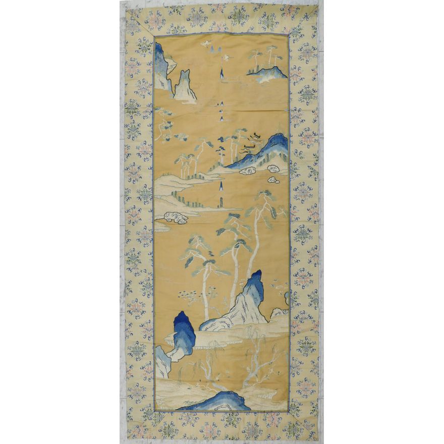 Fine Chinese Silk Embroidered Landscape Panel 59.5''x26.5''