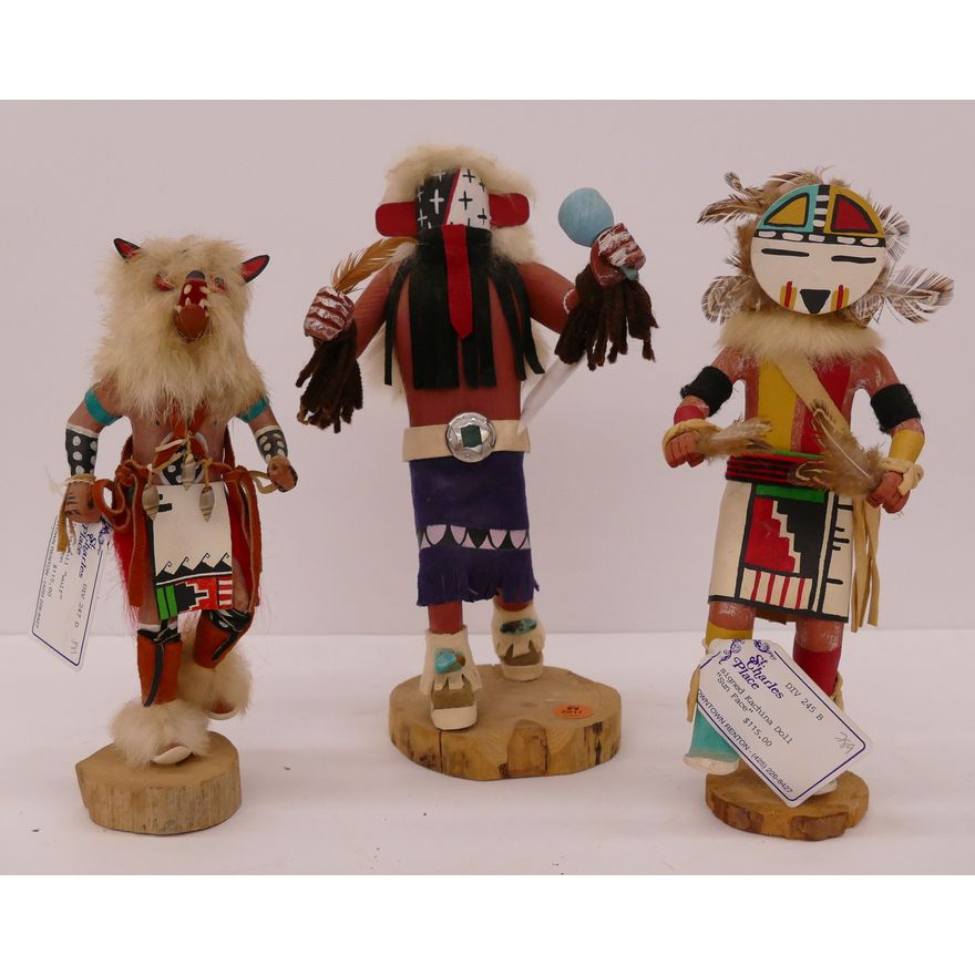 3pc Small SW Kachina Dolls- warrior, wolf, and sun face- largest 12''