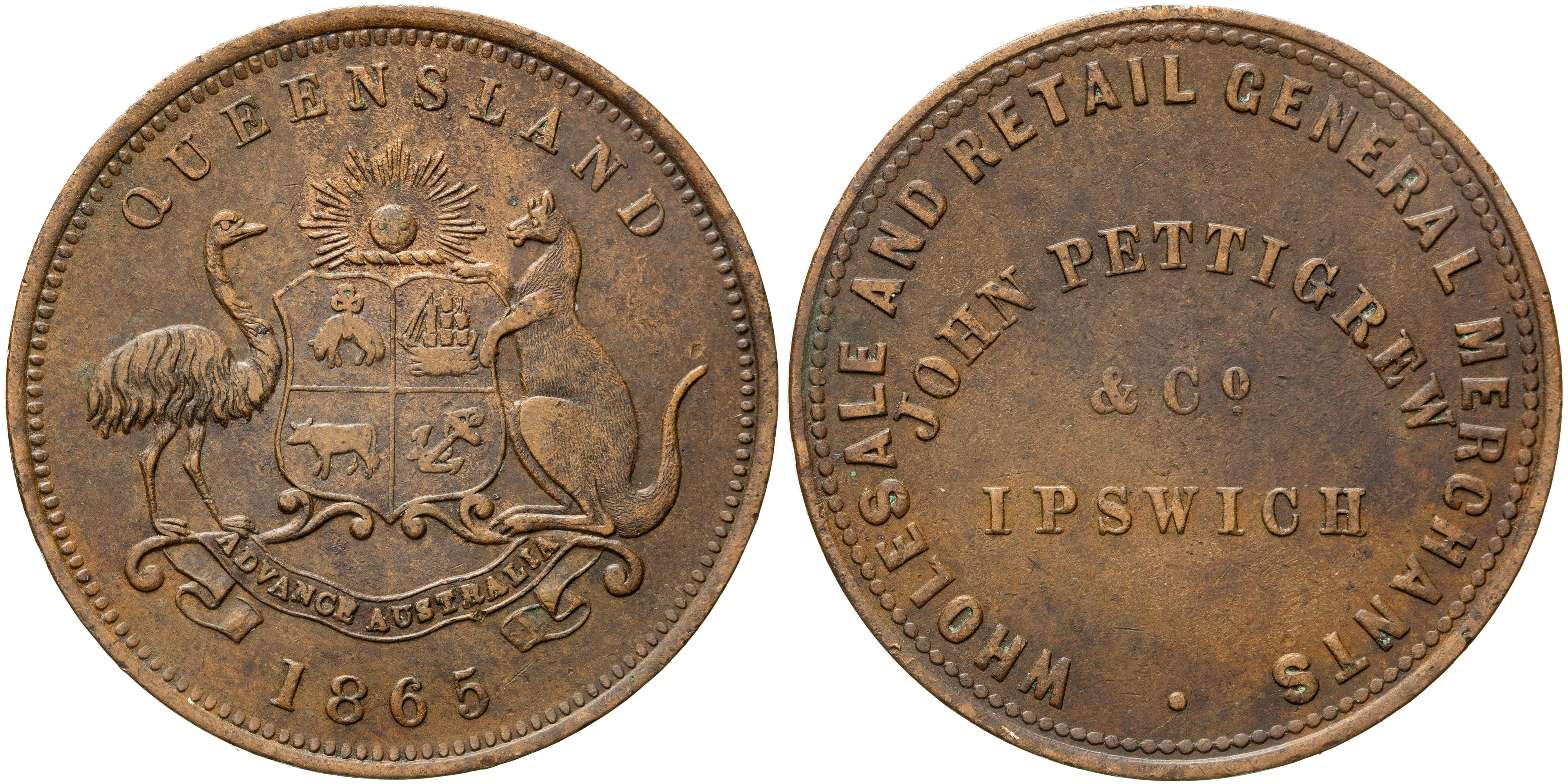A.229 - Pettigrew, John & Co, Ipswich, Queensland, Penny, 1865, VF