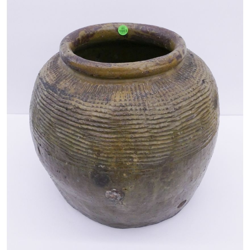 Japanese Meiji Green Textured Pottery Jar- 12x13''