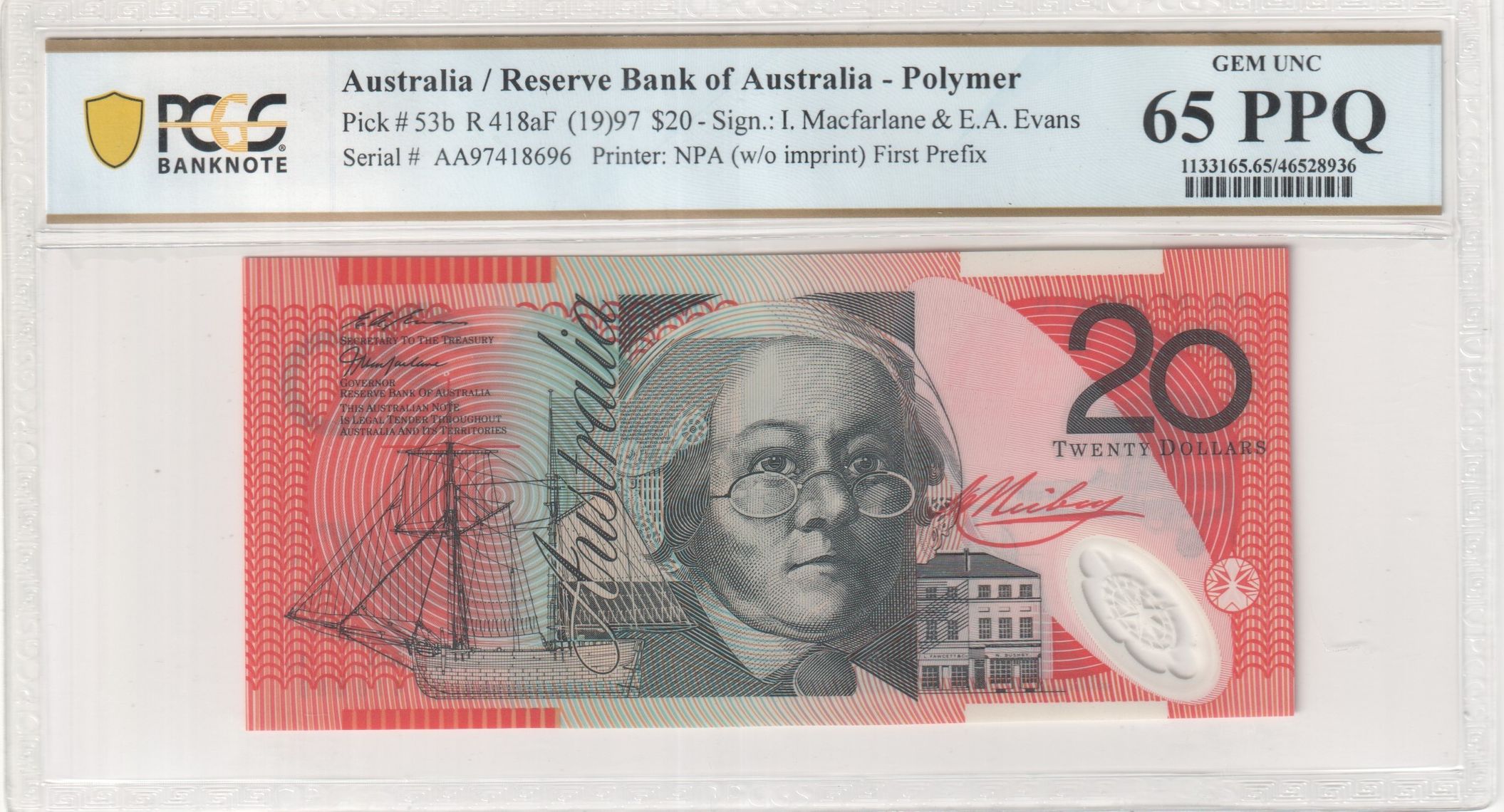 Macfarlane/ Evans, First Prefix, Twenty Dollar, 1997, PCGS Gem UNC 65 PPQ