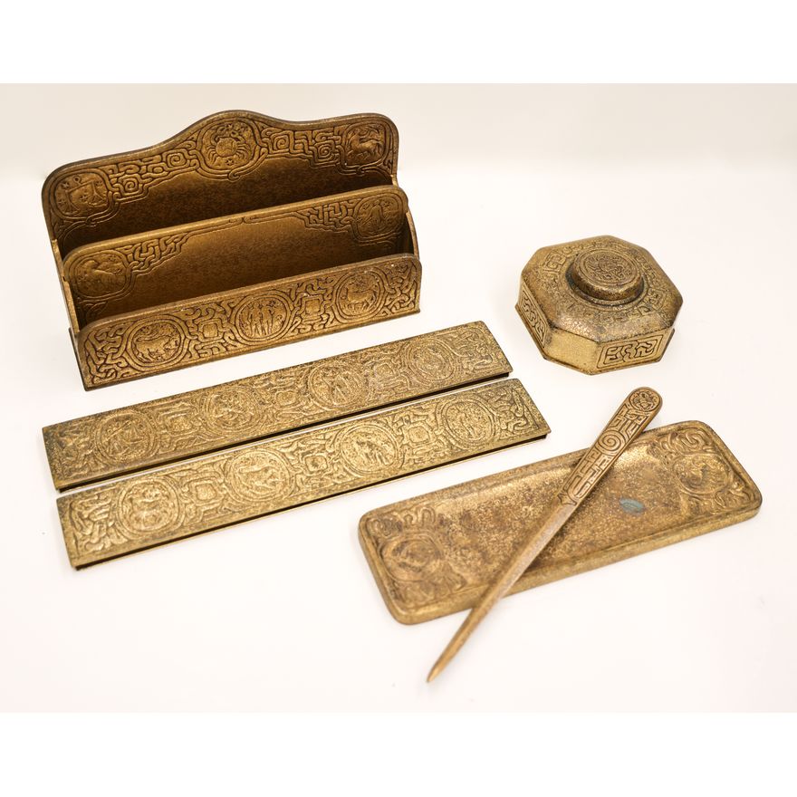 5pc Tiffany Studio Zodiac Gilt Bronze Desk Set