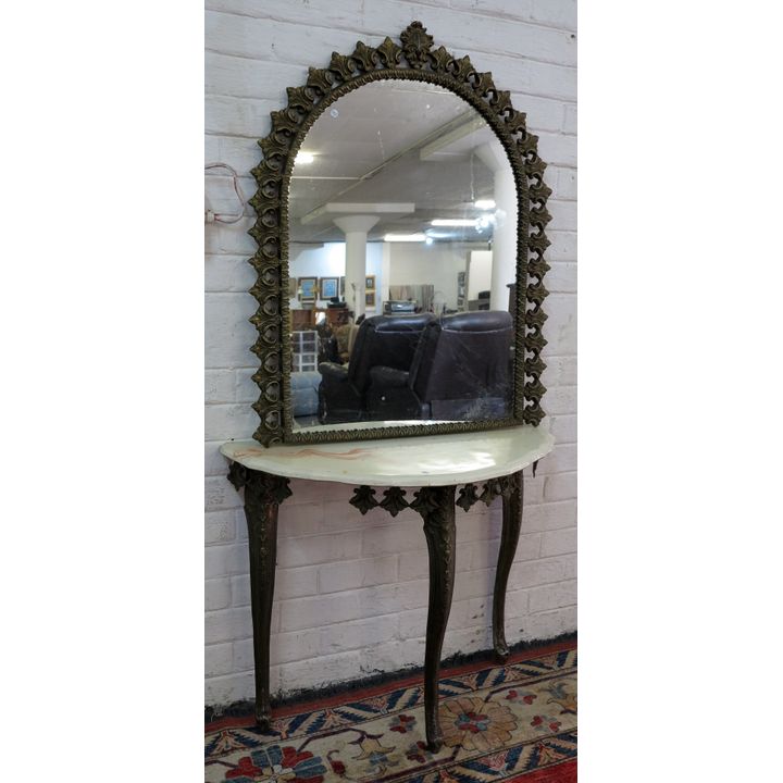 MARBLE TOP BRASS DEMI-LUNE TABLE WITH MIRROR,