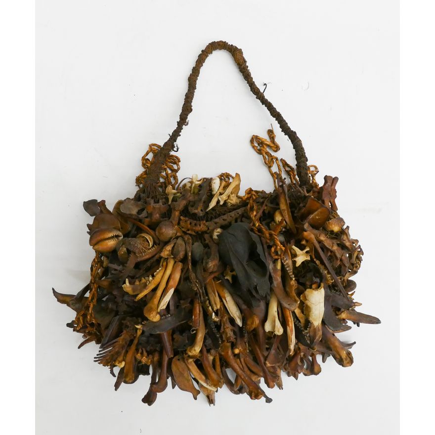 Old African Hunters or Shamans Bag with Animal Bones- 15x11''