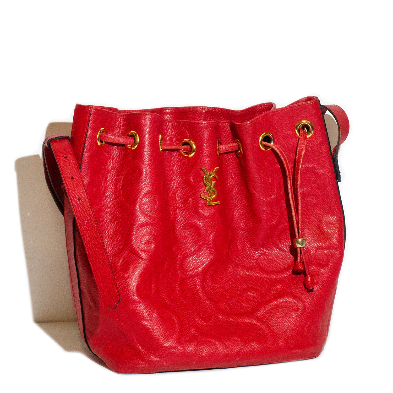 Vintage Yves Saint Laurent 'Arabesque' Embossed Leather Bucket Bag in Red