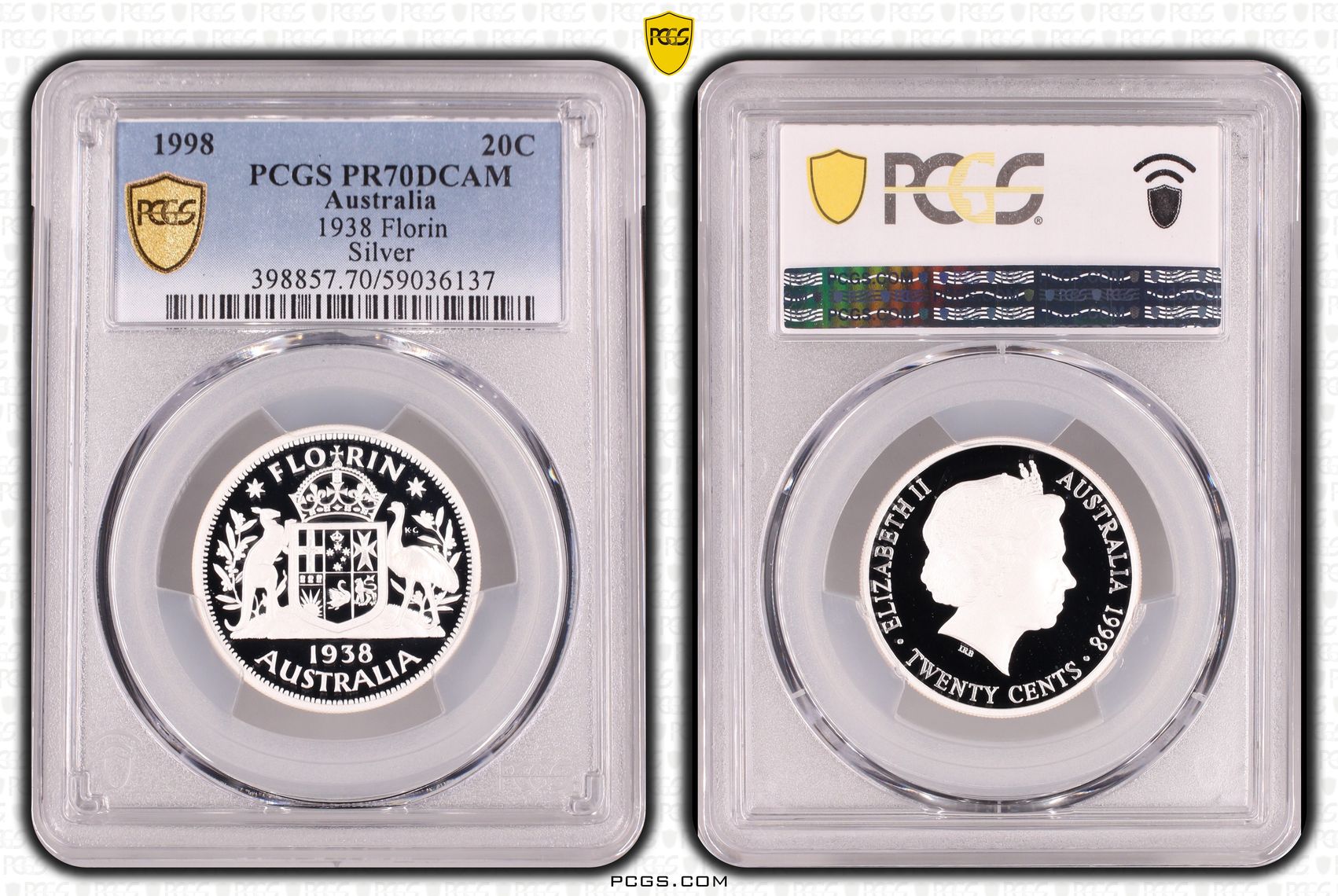 1938 Florin Silver, Twenty Cent, 1998, PCGS PR70DCAM