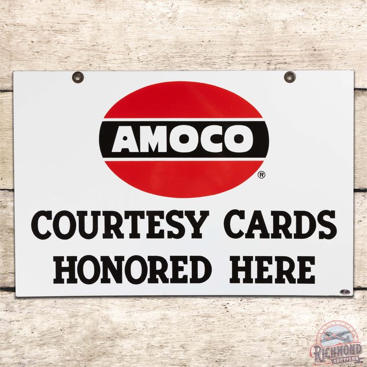 Excellent Amoco Courtesy Cards Honored Here Double Sided Porcelain Sign w/ Logo