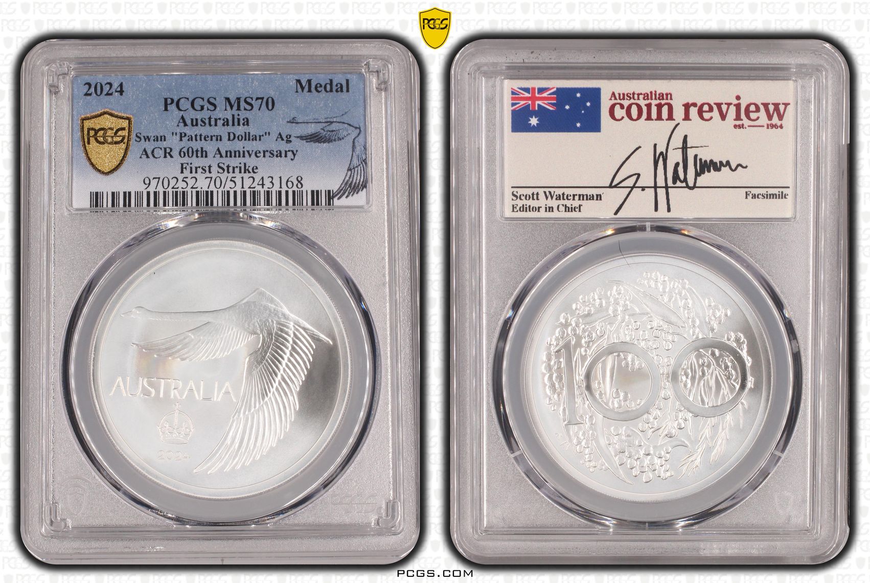 Swan "Pattern Dollar" Ag ACR 60th Anniversary First Strike, Medal, 2024, PCGS MS70
