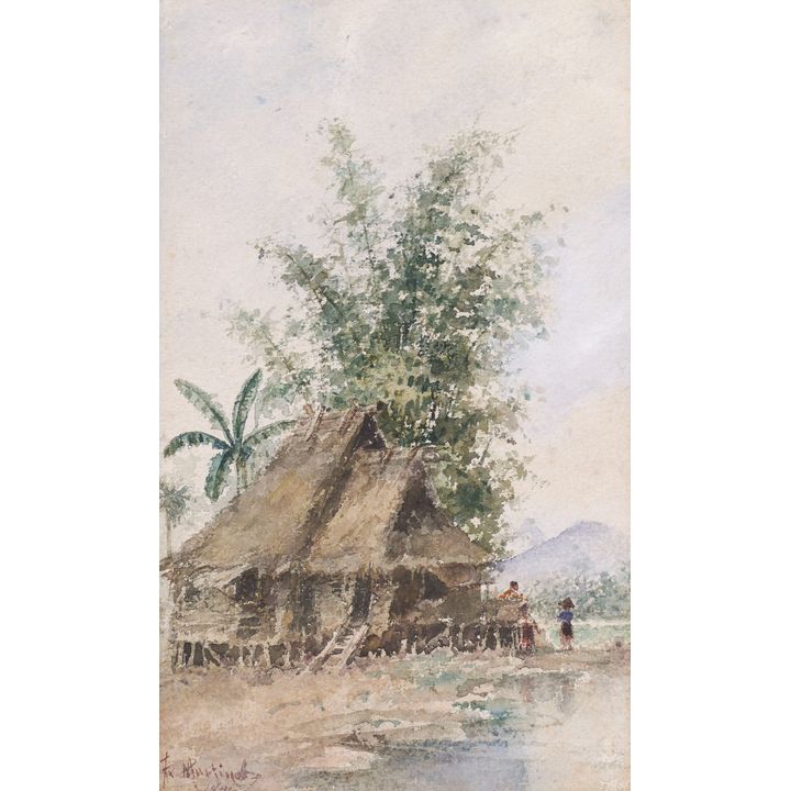 Felix Martinez ''Hut with Figures'' 1898 Watercolor