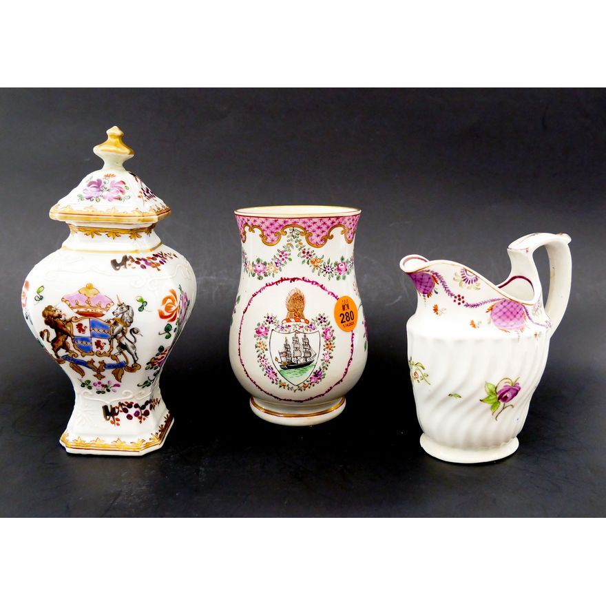 3pc Sampson & Lowestoft Armorial Soft Paste Porcelain- Largest 6''