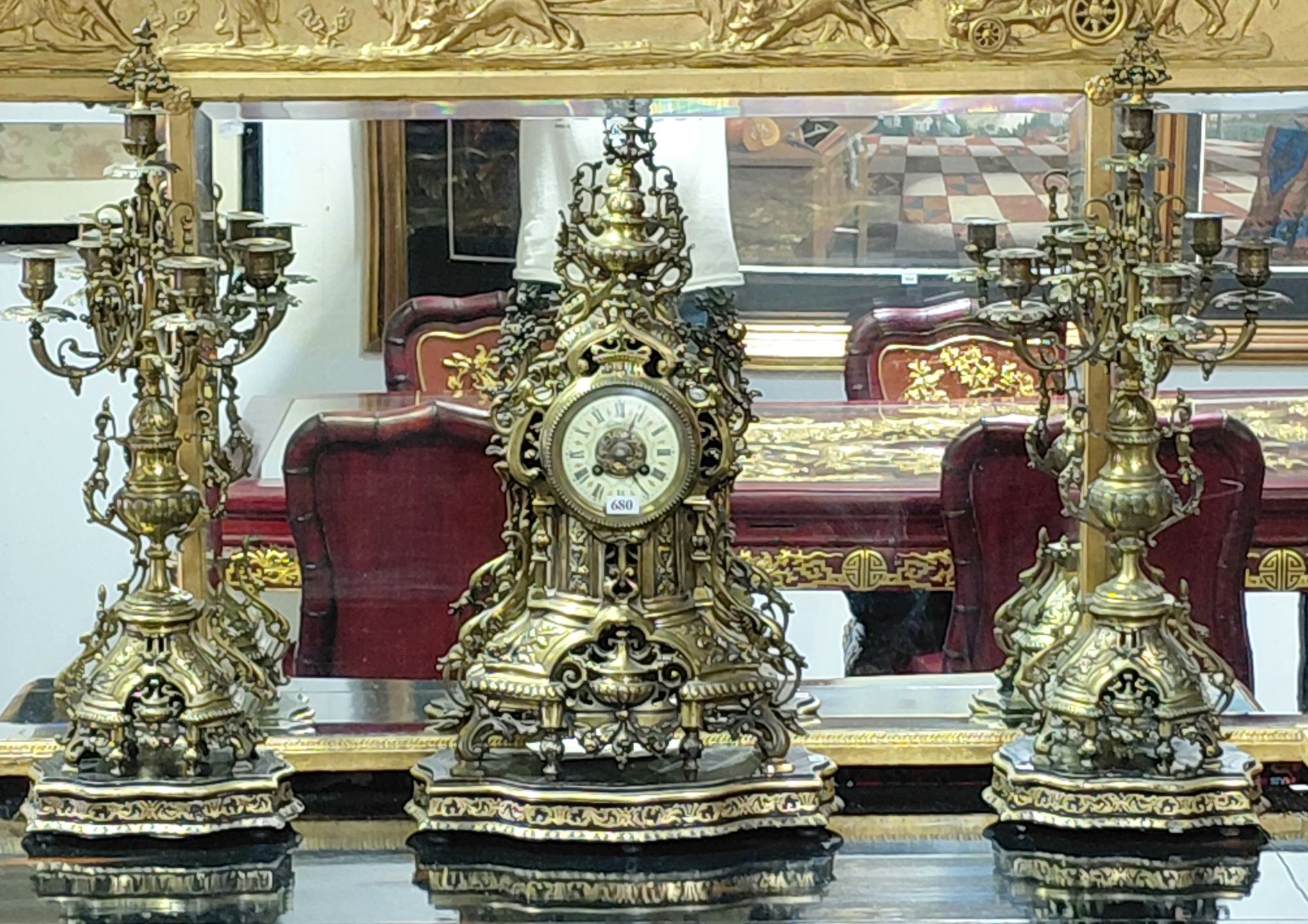 A FLEMISH MANTLE CLOCK & GARNITURES