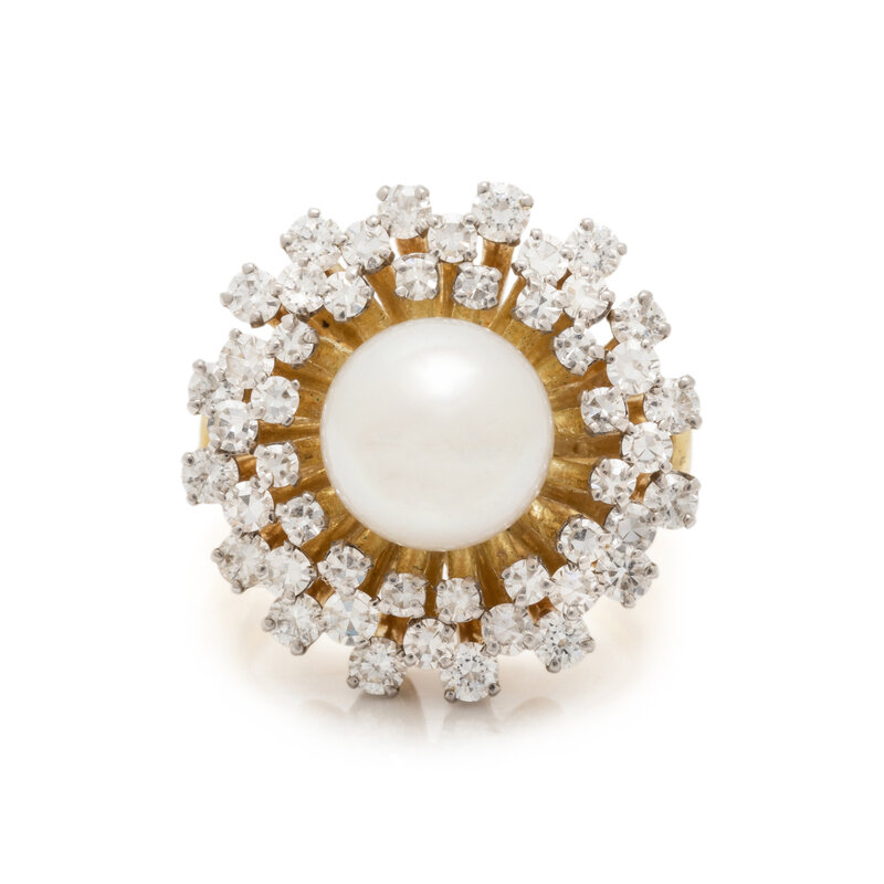 CULTURED PEARL, AND DIAMOND RING