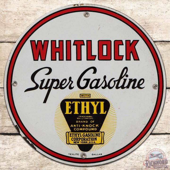 Nice Whitlock Ethyl Super Gasoline Single Sided Porcelain Pump Plate w/ Logo
