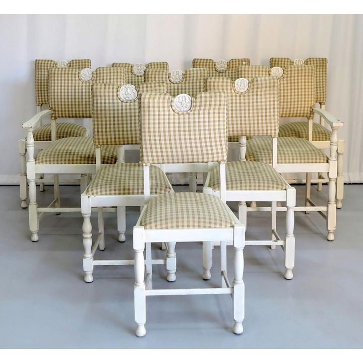 SET OF 10 UPHOLSTERED PAINTED OAK DINING CHAIRS