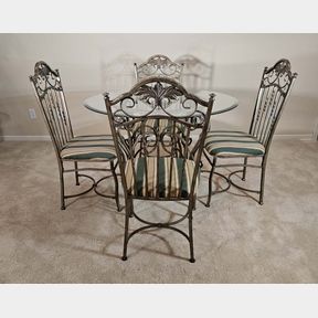 Round Glass Top Iron Framed Table and 4 Chairs