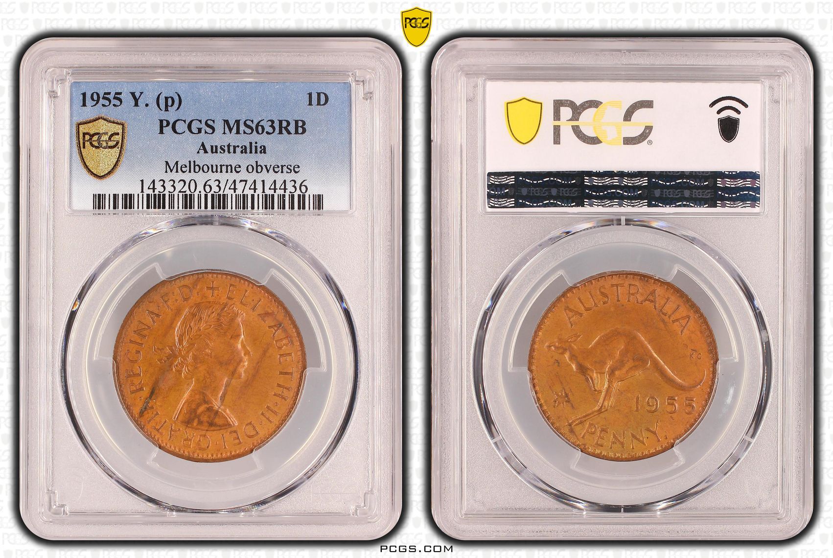 One Penny, 1955-Y., Melbourne obverse, PCGS MS 63RB