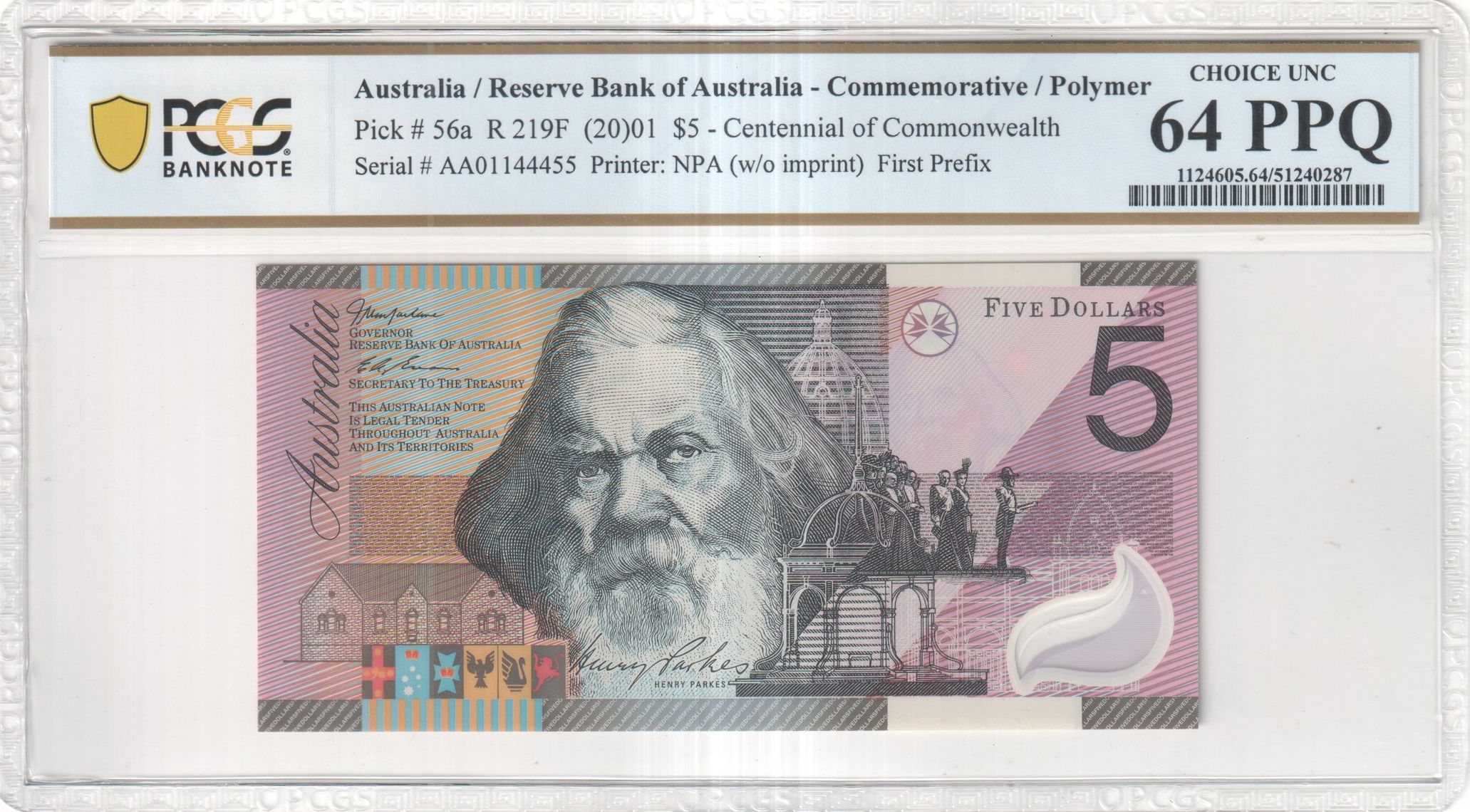 MacFarlane/Evans, Centennial of Commonwealth, First Prefix, Five Dollar, 2001, PCGS Choice UNC 64 PPQ