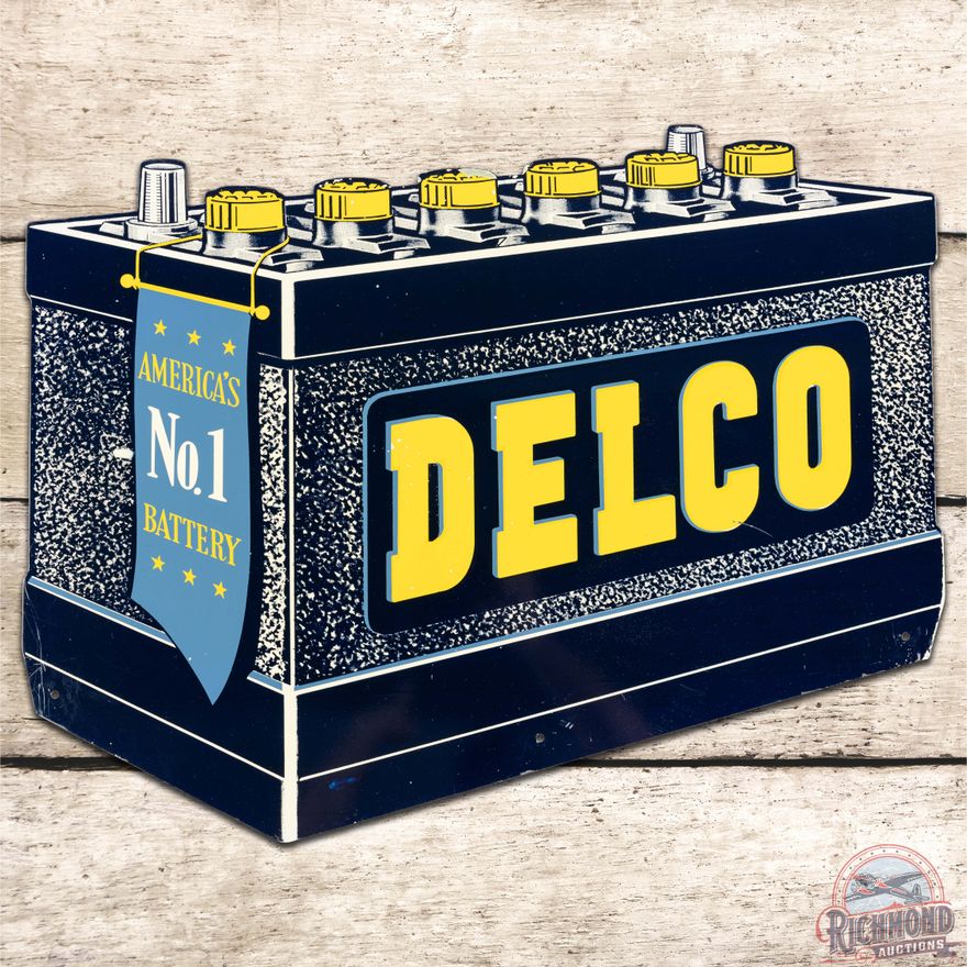 Delco Batteries Die Cut DS Tin Sign "America's No. 1 Battery"