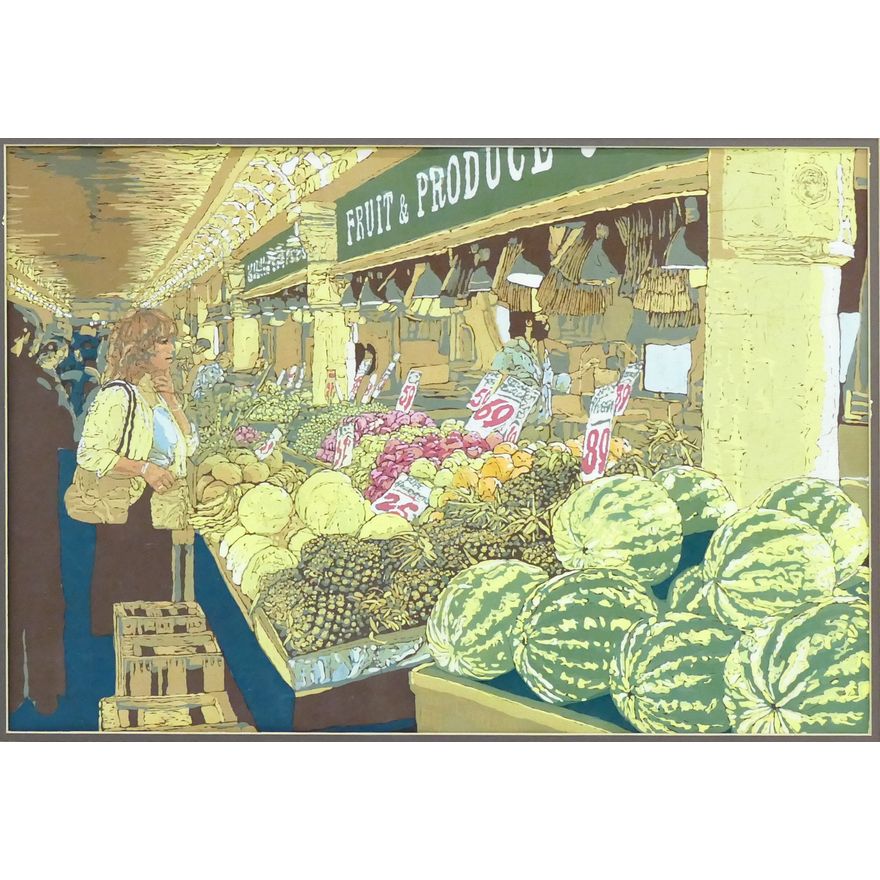 Tony Carlson ''Market Watermelons'' (Pike Place) Batik Framed 25''x32''