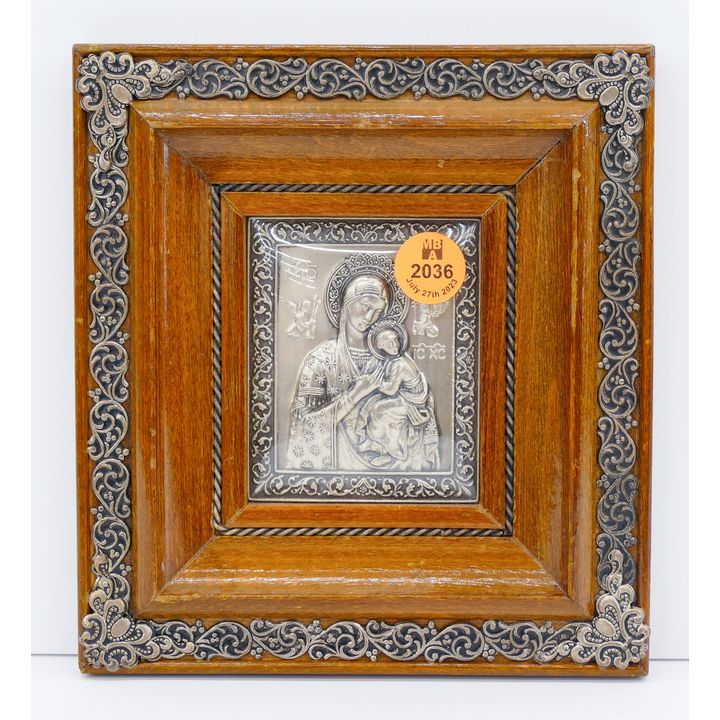 Russian Silver Clad Small Religious Icon Framed 6.5''x6''
