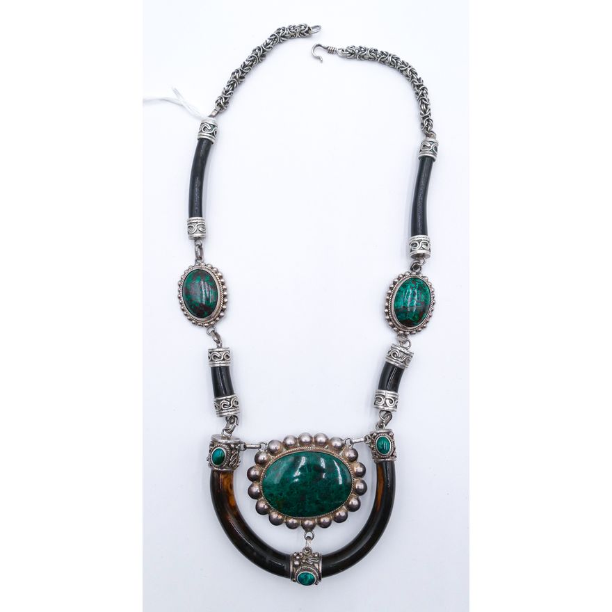 Sterling Turquoise & Wood Large Art Necklace 18''