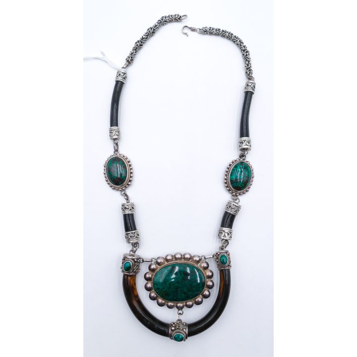 Sterling Turquoise & Wood Large Art Necklace 18''
