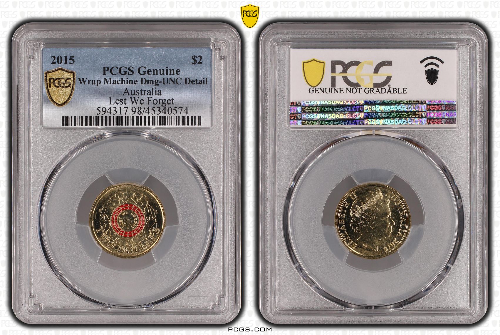 Lest We Forget Poppy counterstamp, Two Dollar, 2015, PCGS Genuine - UNC Details (98 - Damage)