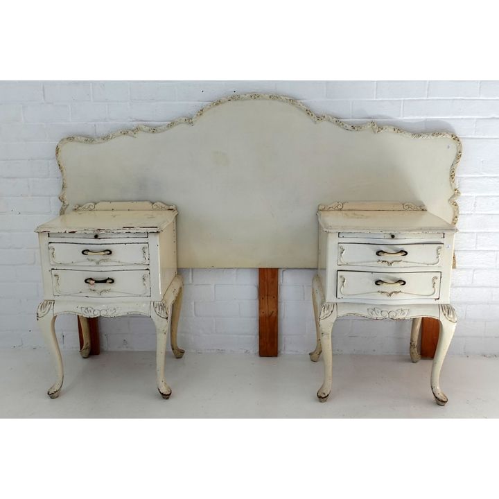 DUCOED HEADBOARD AND PAIR OF PEDESTALS