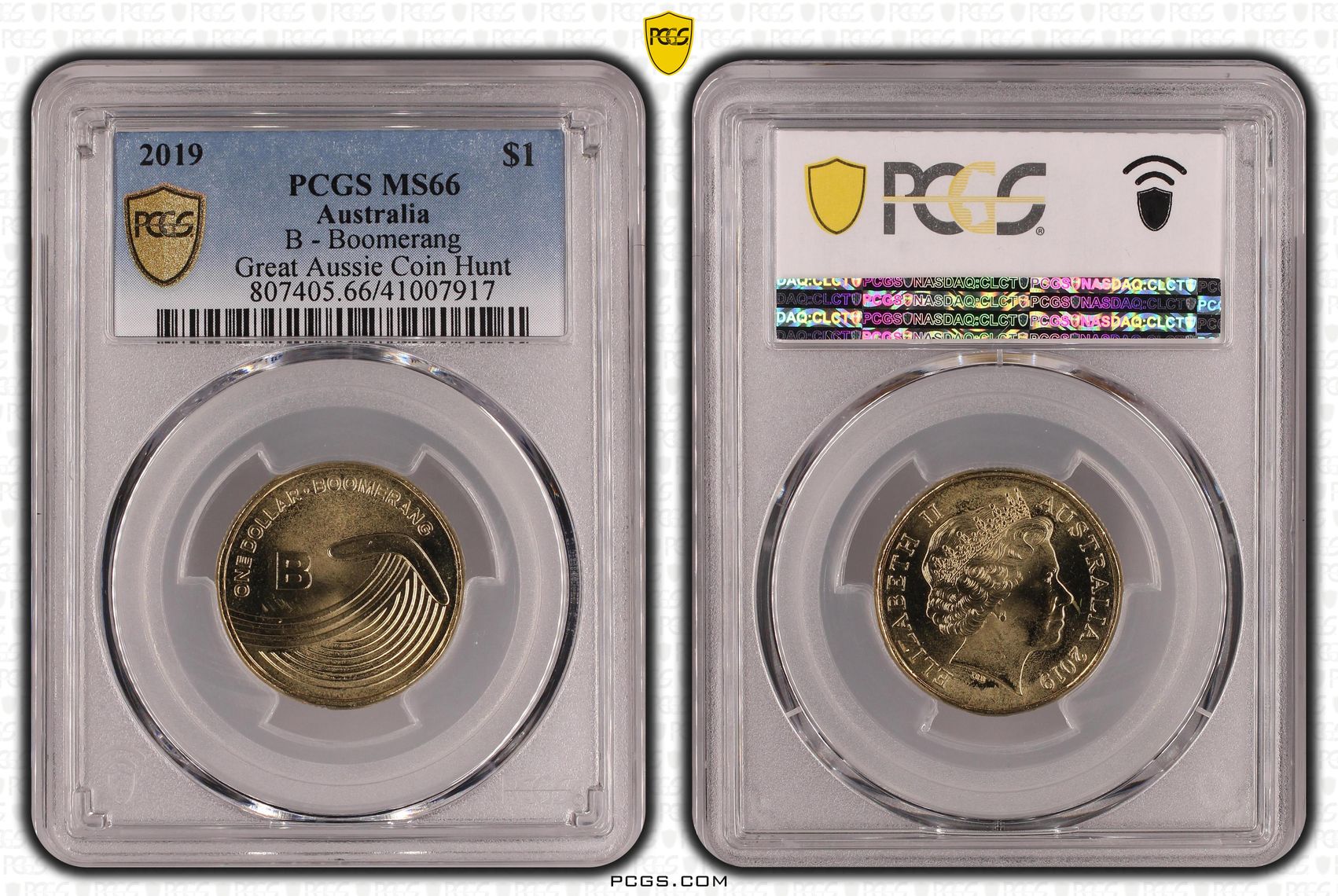 413 · 2019 Australia One Dollar, $1 B - Boomerang Great Aussie Coin Hunt PCGS - MS66 -917