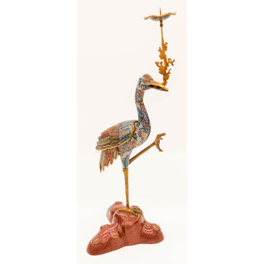 Fine Chinese Cloisonne Large Crane Candlestick