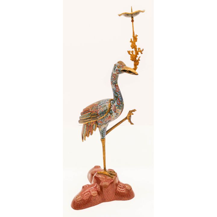 Fine Chinese Cloisonne Large Crane Candlestick