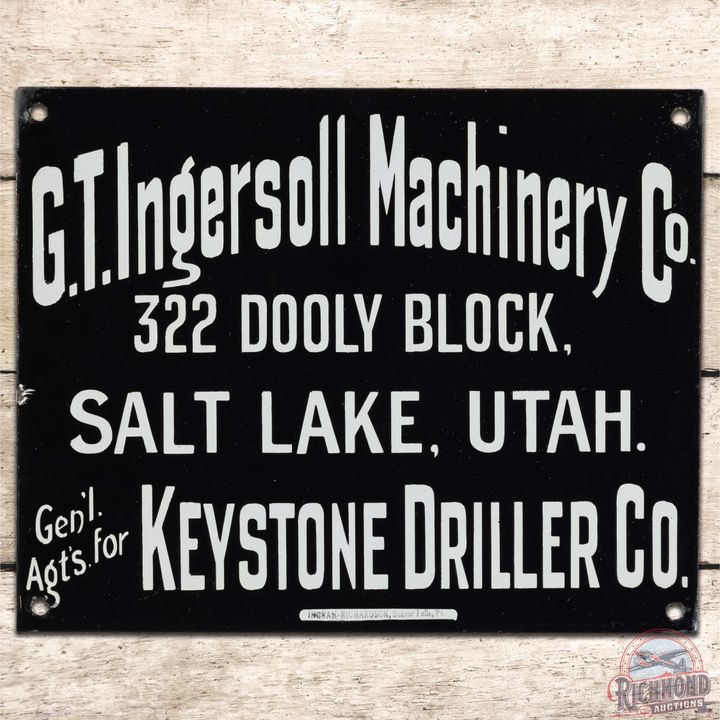 Ingersoll Machinery Keystone Driller Co. Salt Lake Utah SS Porcelain Sign w/ Ing-Rich Tag