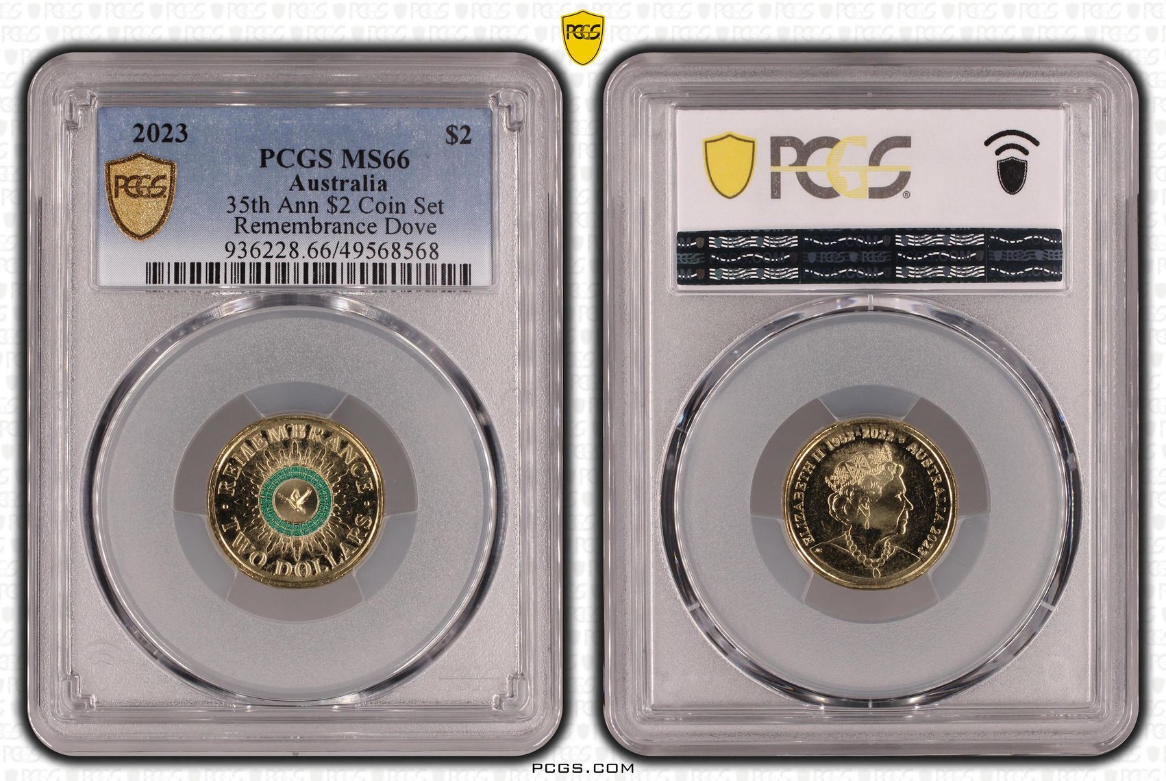 35th Ann $2 Coin Set Colorized Remembrance Dove, Two Dollar, 2023, PCGS MS66