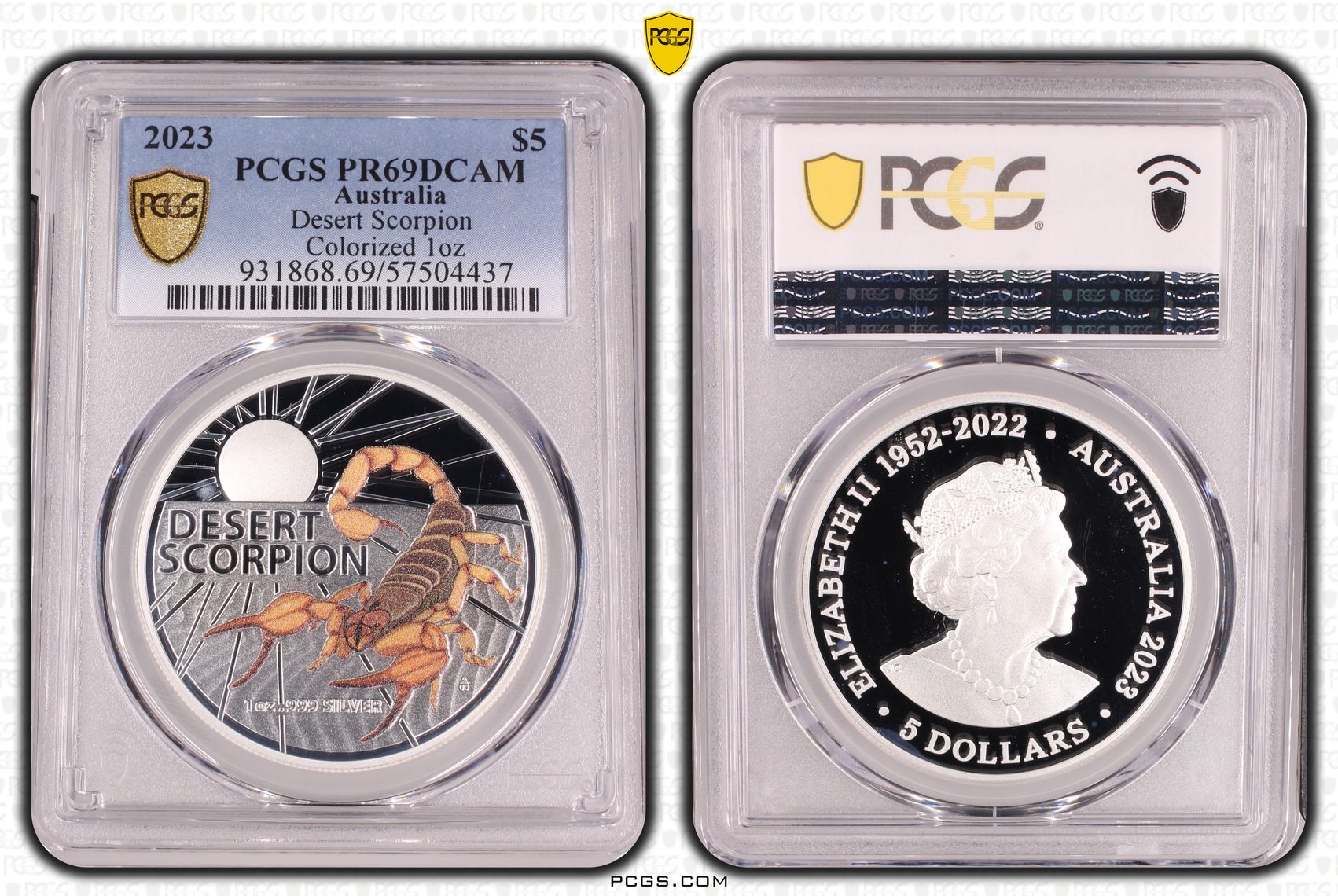 Desert Scorpion Colourised 1oz, Five Dollar, 2023, PR69DCAM