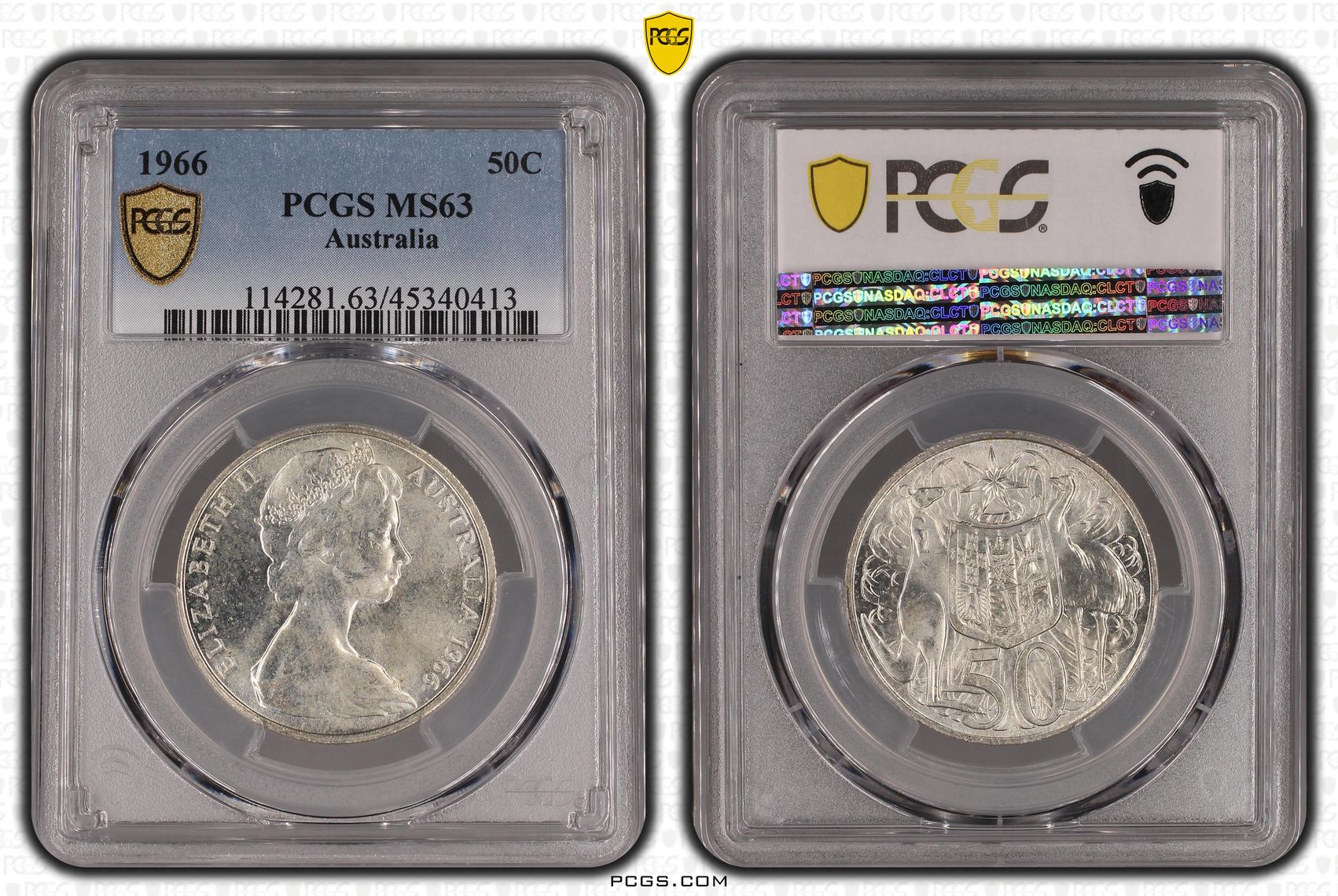 1966 Australia Fifty Cent, 50c Silver PCGS - MS63 -413