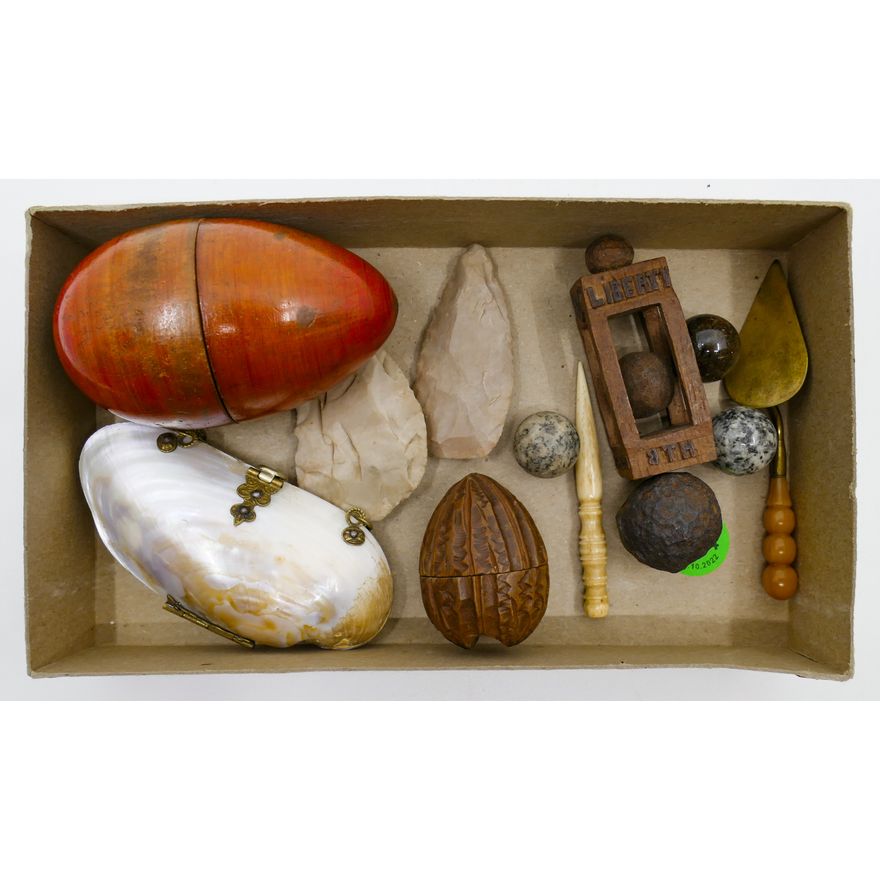 Box Antique Small Primitives - Sewing Kits & Marbles etc.
