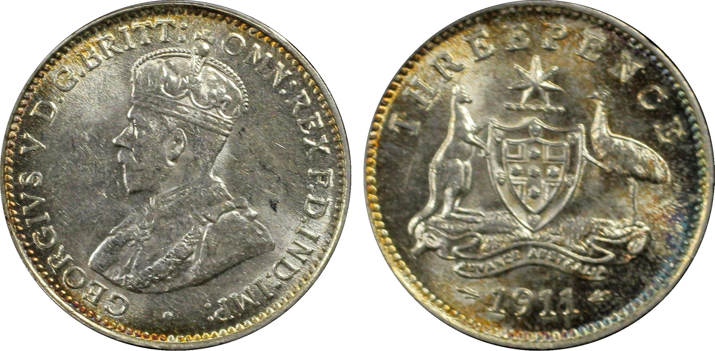 George V, Threepence, 1911, MS 63