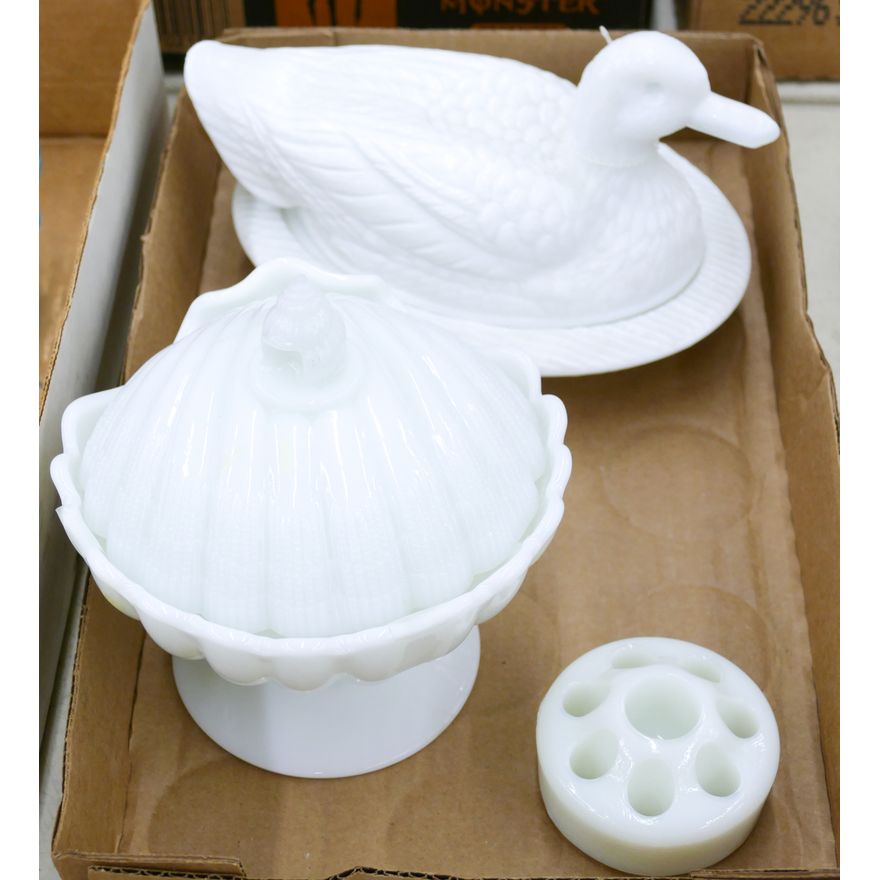 Box Milk Glass Duck Compote Etc.