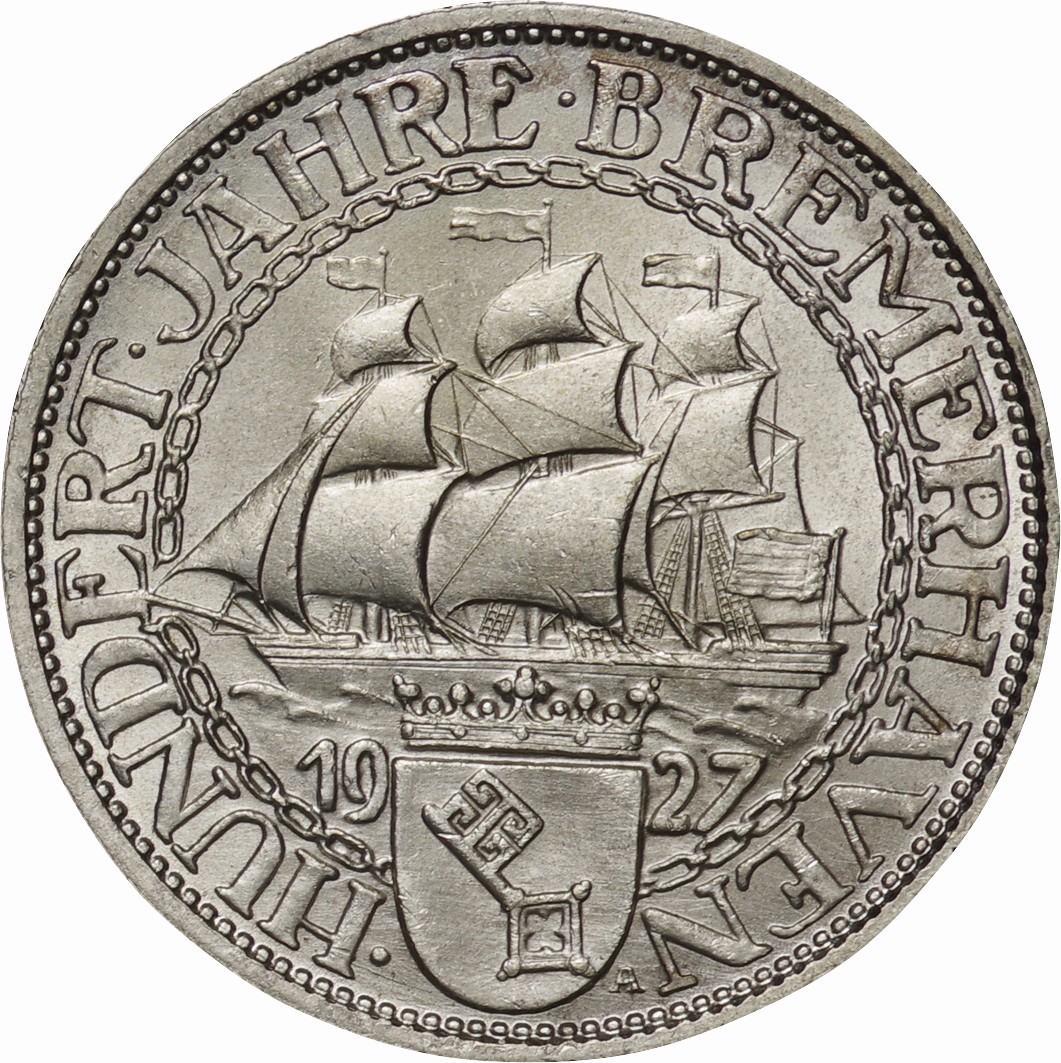 1927年ドイツ ワイマール共和国 ブレーマーハーフェン3マルク銀貨