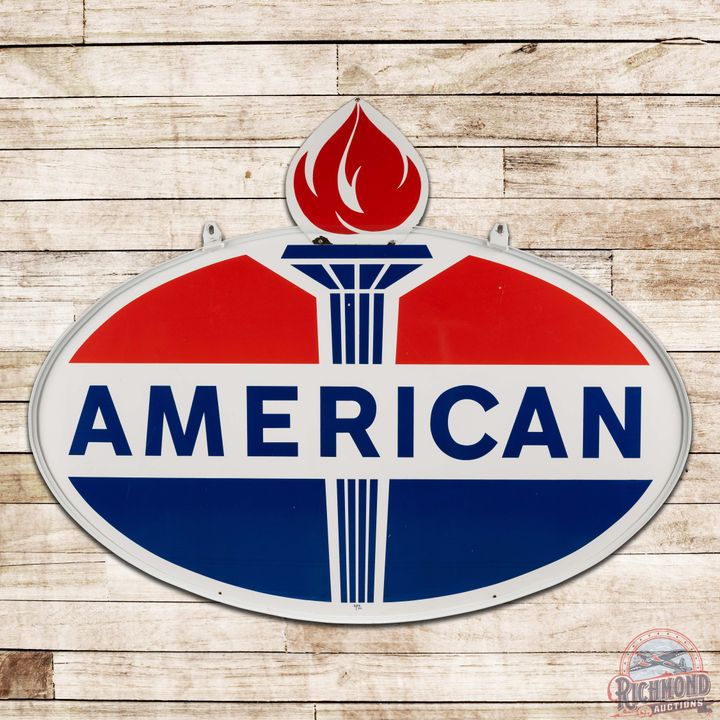 Impressive 1965 American Gasoline 6' Double Sided Porcelain ID Sign Complete w/ Ring & Flames
