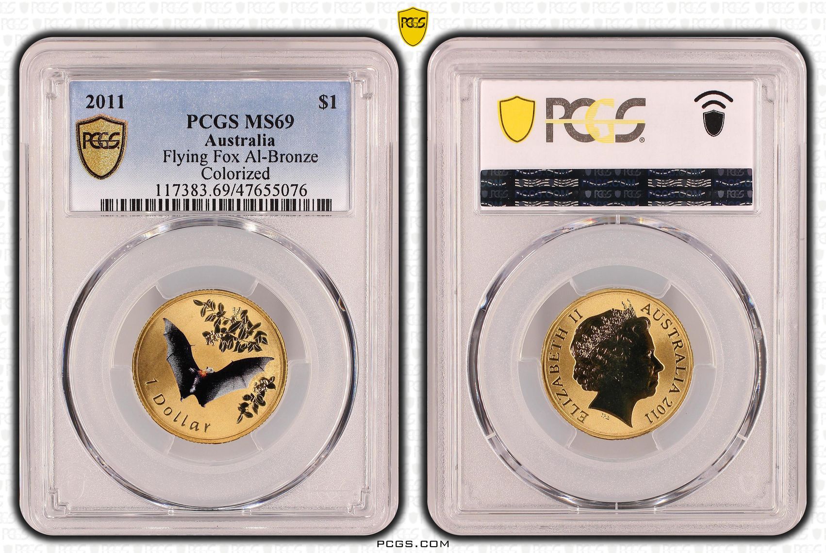 Elizabeth II, Flying Fox Al-Bronze Colorized, One Dollar, 2011, PCGS MS69