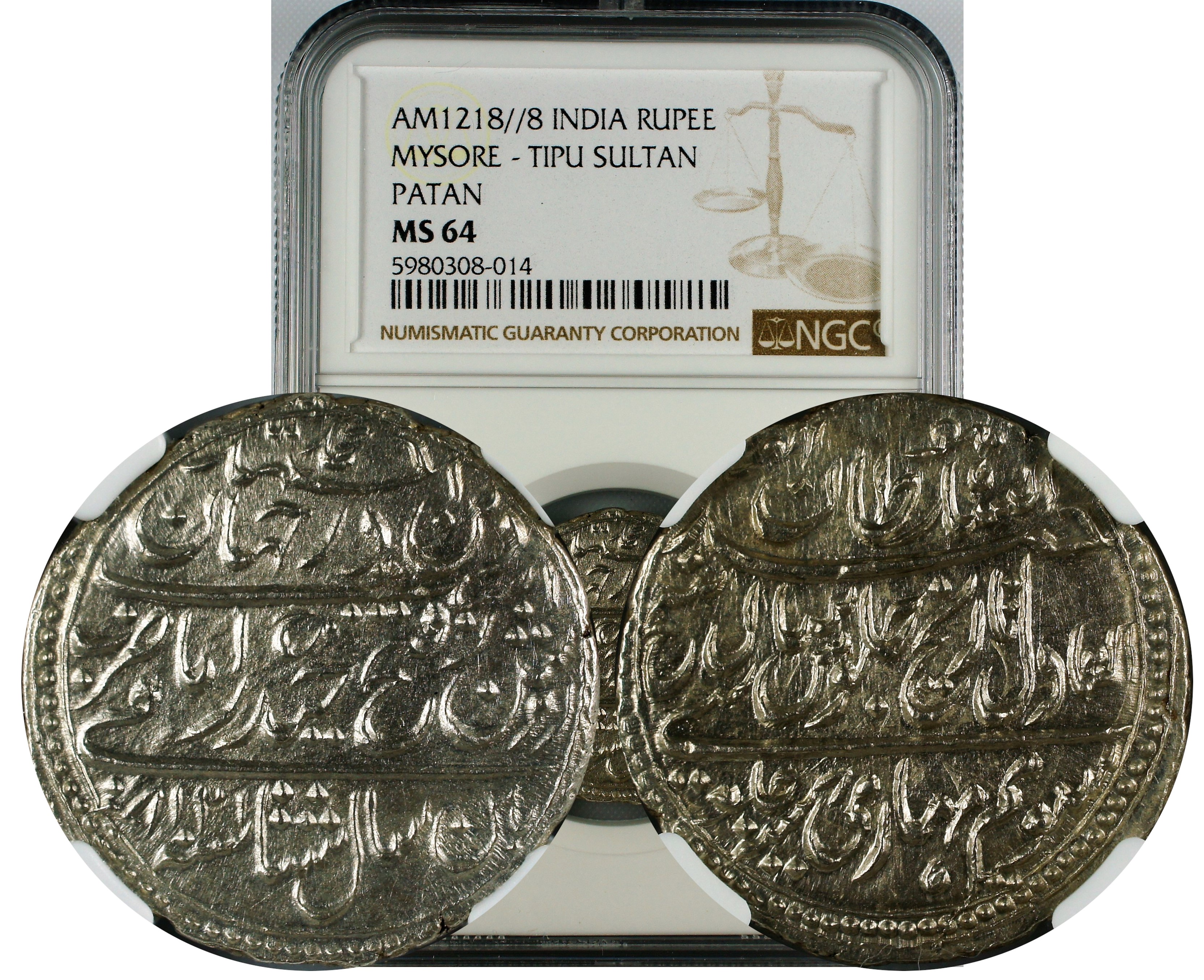 India Mysore Tipu Rupee AH1208//8 NGC MS64
