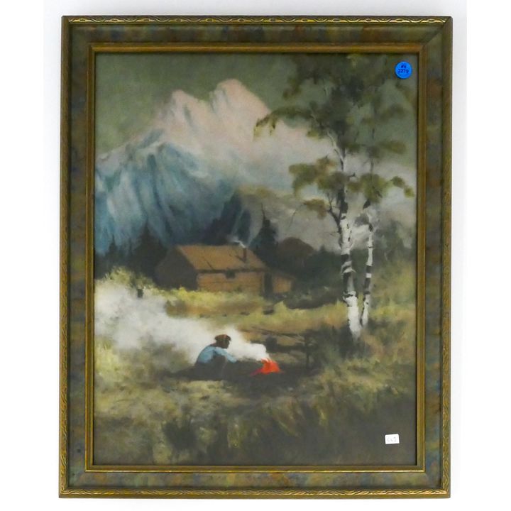 Vintage Sydney Laurence Tinted Camp Scene Print Framed 22''x18''