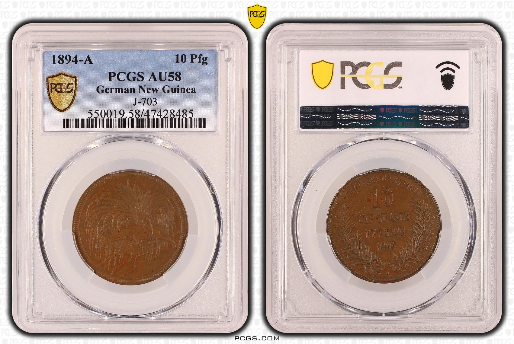 German New Guinea, J-703, Ten Pfennig, 1894-A, PCGS AU58BN