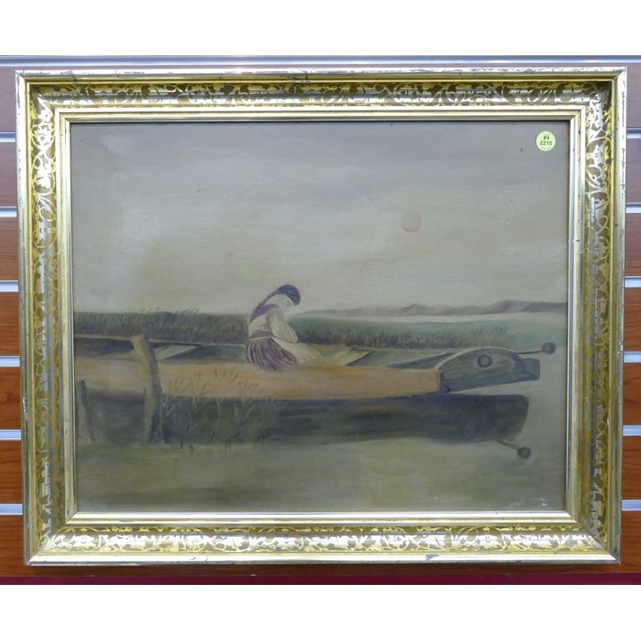 Antique Naive Girl in Boat Oil on Board Painting Framed- 19x23''