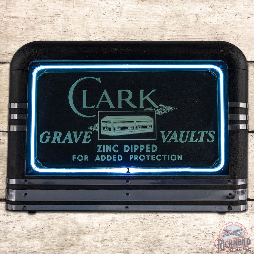 Clark Grave Vaults Art Deco Etched Glass Neon Sign w/ Casket