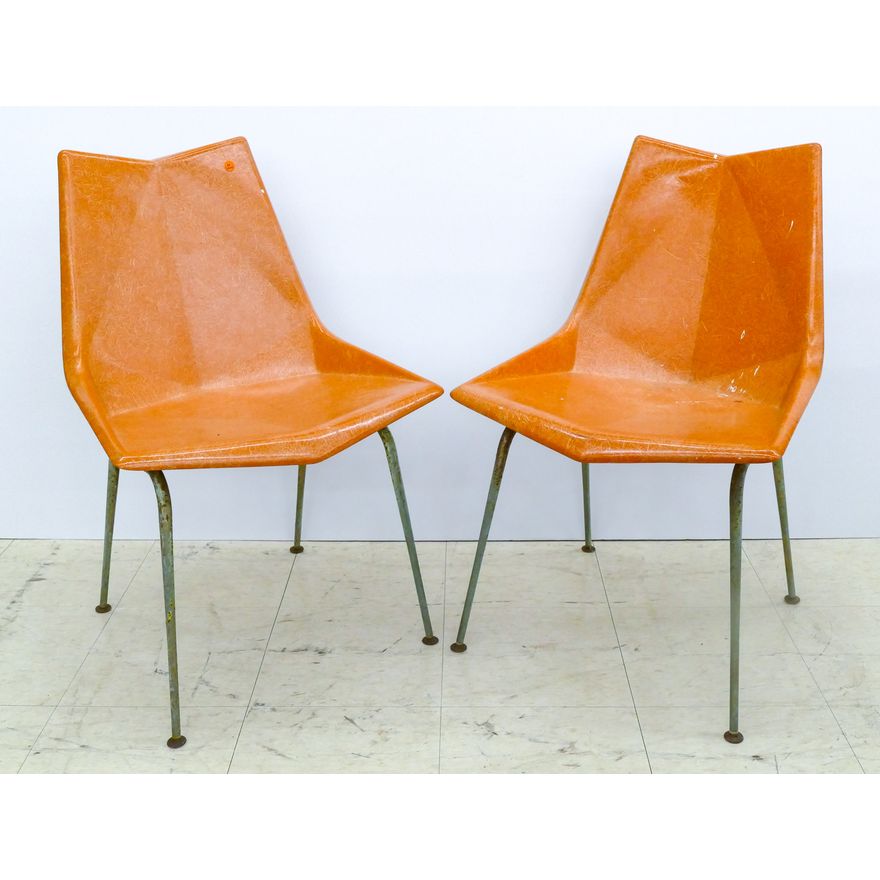 Pair Paul McCobb Origami Orange Fiberglass Chairs 32''x21''x19''