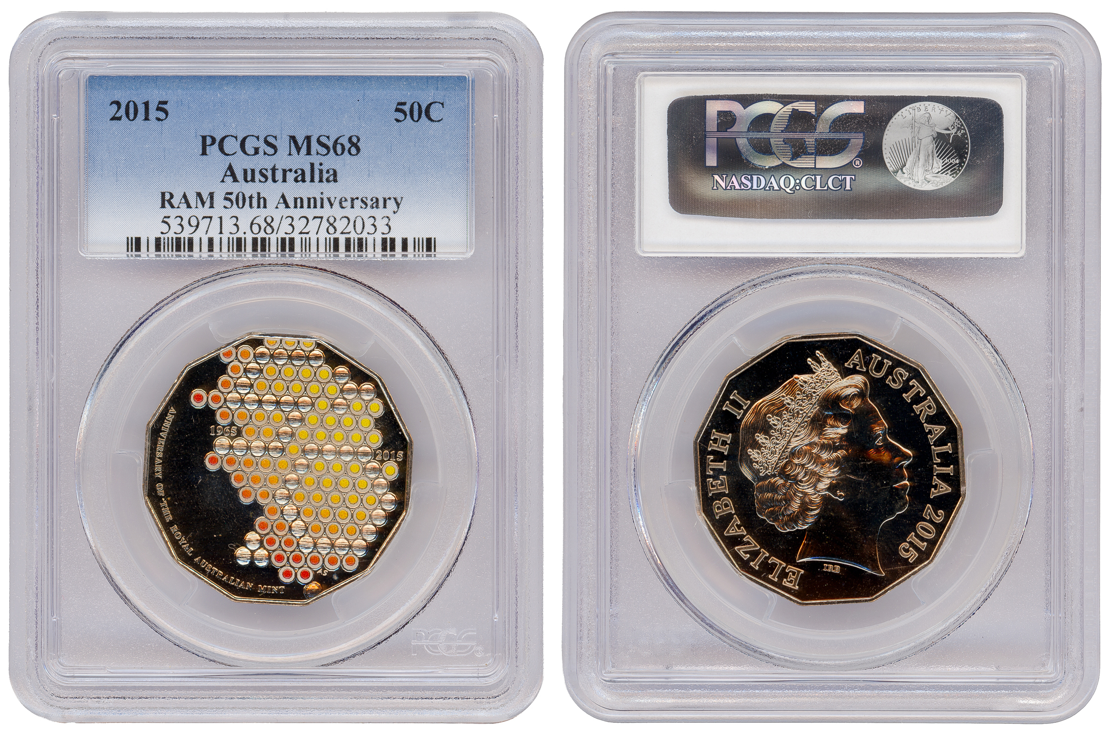 RAM 50th Anniversary Colourised, Fifty Cent, 2015, PCGS MS68